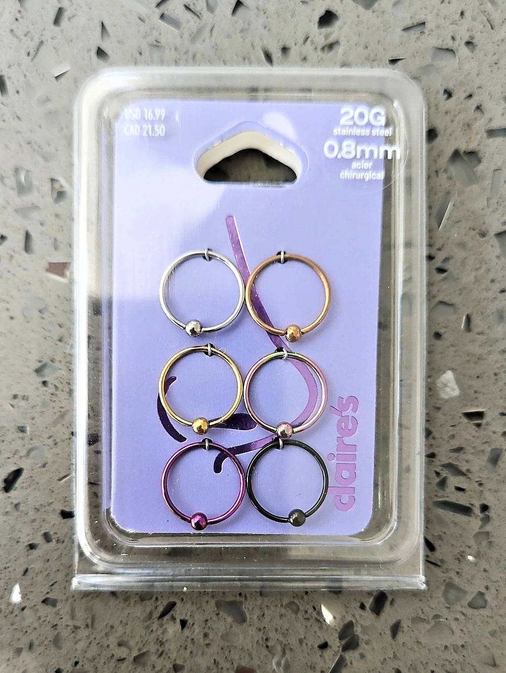 Claire's 20G Stainless Steel Captive Bead Nose Ring Set 6 Pack Stainless Steel